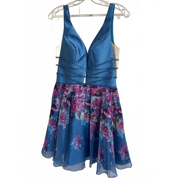 NEW ELLIE WILDE printed chiffon mini dress in teal / multi - Picture 2 of 4